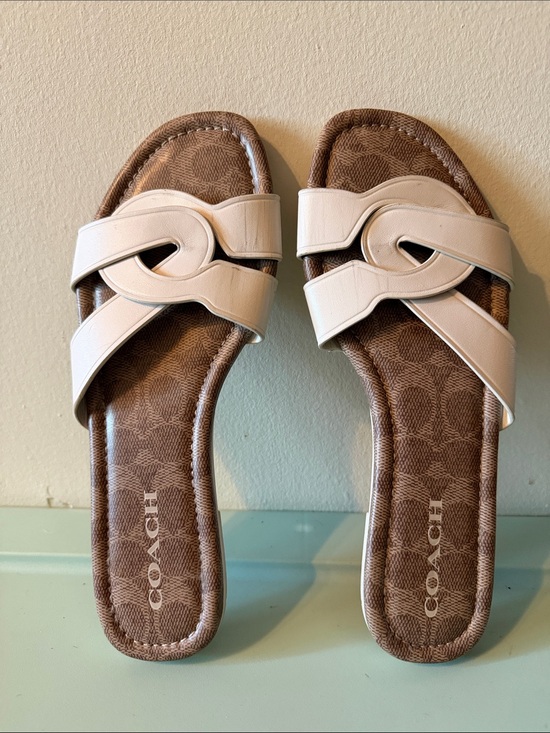 Coach Shoes - Coach White Leather Slide Sandals with Brown Signature Footbed